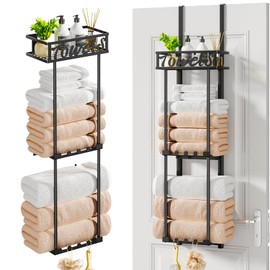 HapiRm Towel Rack Bathroom Storage - 3 Tier Over The Door & Wall Mounted Rolled Towel Racks Holder Organizer with Metal Shelf and 6 Hooks for Small Bathroom, Camper, Rv - Black