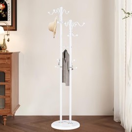 OIRUMIE Metal Coat Rack with 17 Hooks, Double-pole Freestanding Coat Rack, Modern Coat Rack Stand and White Standing Coat Tree Holder Stand for Entryway