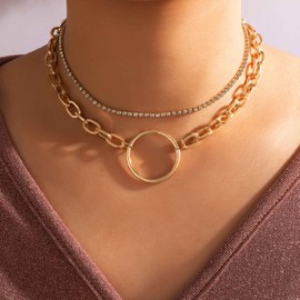Wendalern Gold Circle Choker Necklace Layered Paper Clip Link Chain Necklace Layering Geometric Chain Ring Pendant Necklace Crystal Chain Tennis Necklace Jewellery for Women Girls