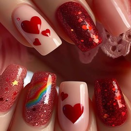 Red Valentines Press on Nails Short Square Fake Nails Rainbow Red Heart Glue on Nails Glossy Red Glitter Valentine Acrylic False Nails Full Cover Stick on Nails for Women Finger Manicure