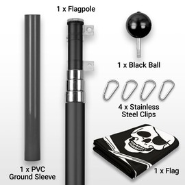 G128 Combo Pack: 16 Ft Telescoping Aluminum Flagpole (Black) & Pirate Jolly Roger Bones Flag 3x5 Ft, ToughWeave Series Embroidered 300D Polyester | Pole with Flag Included