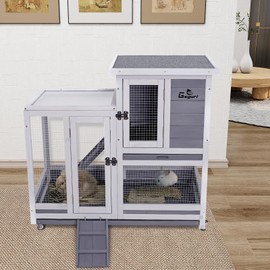 GEGURI Rabbit Hutch Indoor Rabbit Cage Outdoor, Two-Story Wooden Bunny Cages for Guinea Pig with Wheels, Removable Tray, Ramp