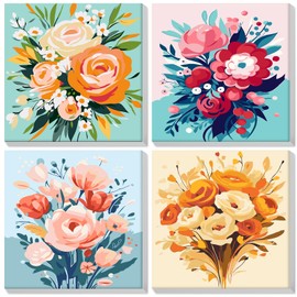 BOWETILE 4 Pack Flowers Paint by Numbers for Adults Beginners Framed, Adults' Paint-by-Number Kits, Easy Adult Paint by Number Kits on Canvas, Acrylic Number Painting for Home Decor, 8x8in