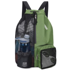 WANDF Swim Bag Mesh Drawstring Backpack with Wet Pocket for Swimming, Gym, and Workout Gear (Dark Green)