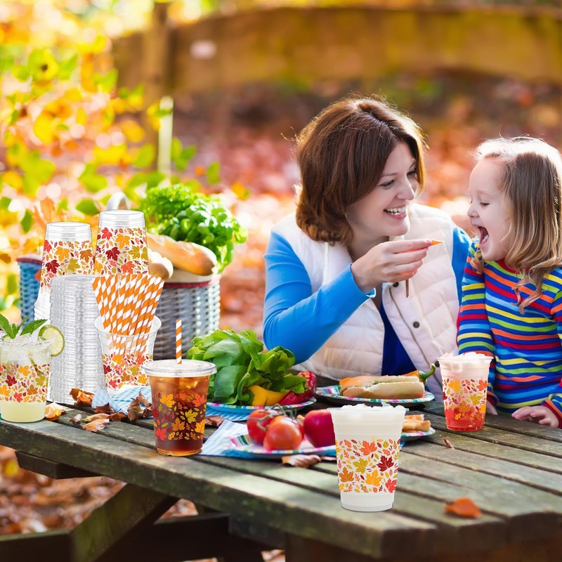 ZCPTZ 50 Sets 12oz Fall Maple Leaf Clear Plastic Cups