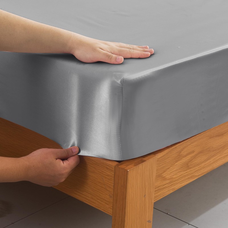 ROOEE Satin Silk Fitted Sheet with Pillowcase Set Breathable Soft