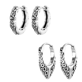 Tribal Hoop Earrings for Men – Stainless Steel Hinged Huggies, Vintage Celtic & Boho Style, Hypoallergenic Jewelry for Punk, Gothic, Biker & Streetwear (Tribal Hoop Earrings Set – 2 Pairs)