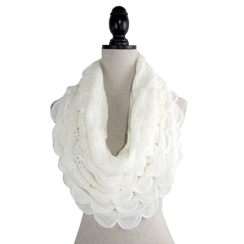 stylesilove Chic Oversized Ruffle Knitted Infinity Scarf (White)