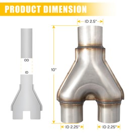 QYFNB Stainless Steel Exhaust Y Pipe, 2.5" Single to 2.25" Dual Exhaust Adapter Connector for Car and Truck, 10" Overall Length, Weld-On, Universal