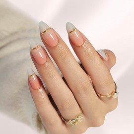 French Tip Press on Nails Ombre | GJZEZ Soft Gel Medium Almond Gradient Pink Fake Nails with 3D Golden Stripe Design, Easy Apply Glue on Faux Nail | 16 Sizes - 32 Reusable False Nail Kit, Jelly Pink