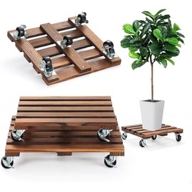 2 Pack Plant Caddy with Wheels, 14" + 12" Rolling Plant Stand 264 LBS Heavy Duty Wooden Square Plant Dolly with Metal 360° Lockable Caster Wheels for Outdoor Indoor Large Plant Pots, Flower Pot, Patio