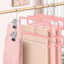 HWAJAN 14 Inch 30 Pack Velvet Pants Hangers Non Slip,Slim Felt Jean Hangers with 10 Hooks and 2 Clips,Strong Durable Thin Space Saving Clothes Hanger with 360°Swivel Hook for Shorts,Skirts Bra(Pink)