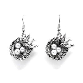 Bird Nest w/Bird & 3 Pearl Eggs – 19x17mm - Tibetan Silver charm dangle earrings. Hypoallergenic Stainless-Steel Fishhook or Silver Plated Ball-Post, or Clip-on Earrings Opt.