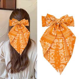 Bandana Hair Bow Large Bow Silky Satin Hair French Barrette Clip for Women Ribbon Hair Bows Paisley Hair Clips Hair Bow Accessories for Women Long Ribbon Bow Hair Clips French Barrette Hair Bows