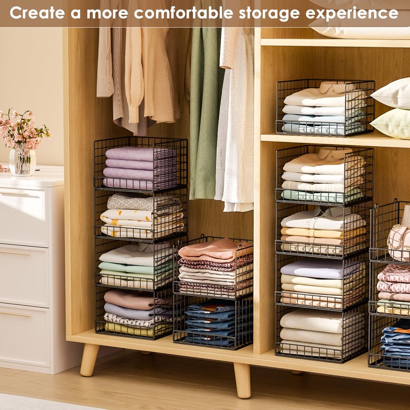 Stackable Closet Organizers and Storage Baskets, 4-Tier Closet Shelf Organizer