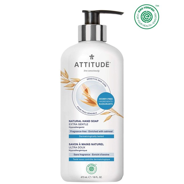 ATTITUDE Unscented Hand Soap, For Dry, Itchy & Sensitive Skin, Dermatologist-tested & Hypoallergenic, EWG Verified, Vegan & Cruelty-free Hand Wash, Fragrance-Free, 16 Fl. Oz.