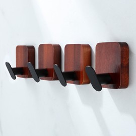 DELITON Wooden Towel Hooks Red Brown, 4 Pack Sticky Hooks for Hanging Towels, Coat, Hat, Robe, Heavy Duty, No Damage