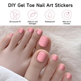 Semi Cured Gel Pedicure Strips - 32pcs Iced Peach Powder Gel Toenail Stickers Full Nail Wraps for Women Girls Gel Toenail Srips Works with Any Nail Lamps Includes Nail Pads Nail File & Wood Stick