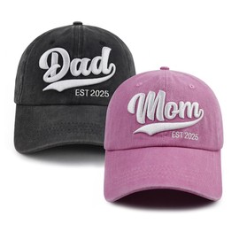 Mom and Dad Est 2025 Hat, New Parents Gifts for Couples, Adjustable Cotton 3D Embroidered New Mother and Father Baseball Cap, Mothers Fathers Day Birthday Gift for Daddy Mommy to Be,First Time Moms