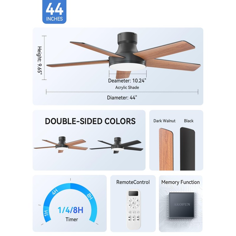 AKOFUN Ceiling Fans with Lights, 44 Inch, 6 Speeds, Stepless