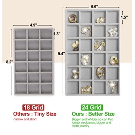 Jenseits Set of 4 Stackable Jewelry Organizer Trays for Drawers, Jewelry Drawer Inserts with Removable Dividers, Velvet Jewelry Container Display Case Storage for Earring Necklace Rings Bracelet, Grey