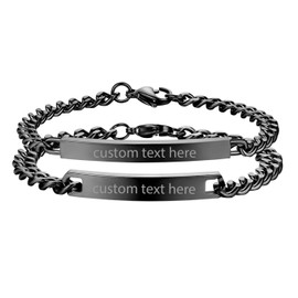 JewelryWe Customisable Partner Bracelet Set, Friendship Bracelets, Stainless Steel, Curb Chain, Couple Bracelet for Men and Women, Silver/Gold/Black, Stainless Steel, Black without engraving