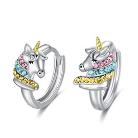 AOBOCO 925 Sterling Silver Unicorn Hoop Earrings with Colorful Crystals, Hypoallergenic Unicorn Jewelry Birthday Gifts for Women Her Daughter Granddaughter Niece