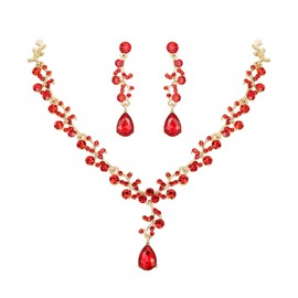 EleQueen Women's Red Rhinestone Crystal Leaf Vine Teardrop Bridal Necklace Dangle Earrings Wedding Jewelry Sets for Brides Bridesmaids