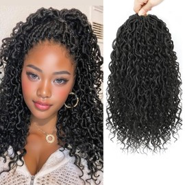 AMLUCKS 8 Packs Goddess Locs Crochet Hair Pre-Looped Boho Faux Locs Messy River Bohemian Crochet Hair for Black Women with Curly Ends (1B#, 14inch)
