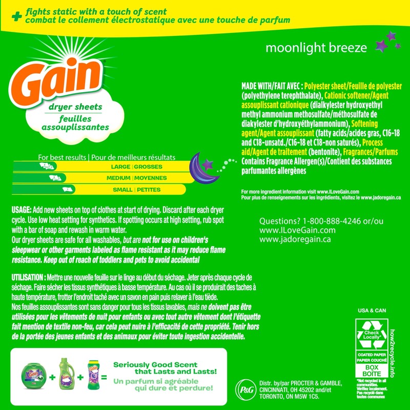 Gain dryer sheets, 105 Count, Moonlight Breeze Scent, Laundry Fabric