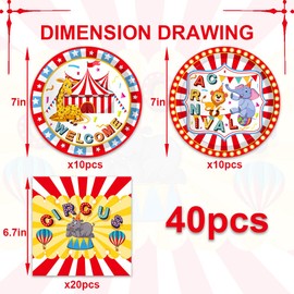40Pcs Carnival Circus Theme Party Decorations Plates,Disposable Tableware Include Plates,Napkins For 20 Guests,Circus Theme Party Supplies