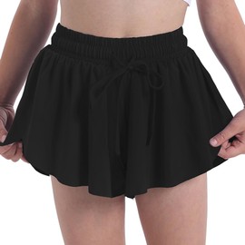 Flowy Butterfly Shorts for Girls 2-in-1 Athletic Running Skirt Shorts Cheer Tennis Dance Preppy with Spandex Liner(Black,Small)