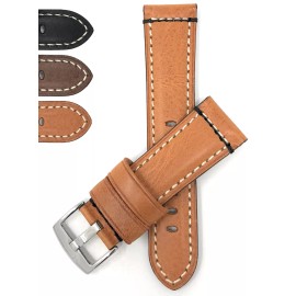 Hamilton 24mm Double Stitch Leather Watch Strap for Hamilton Jazzmaster - Black and White / Silver Buckle