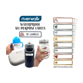 Riverwalk - Etiquetas para biberones de bebé para guardería, preescolar, suministros escolares, etiquetas impermeables para nombres escritos para niños - Etiquetas para guardería - Etiquetas multiusos - Paquete de 32 unidades