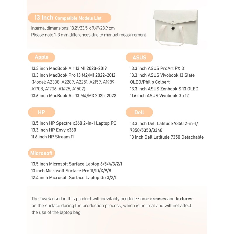 GAOCHY 13 Inch Tyvek Slim Laptop Sleeve, Compatible with 13.3"