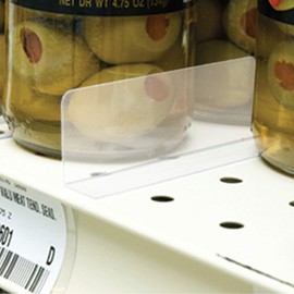 Shelf Divider/Retainer Adhesive Mount, Clear Plastic 18" L x 3" H x .5" W x 20 Mil Thick, 50 Pack