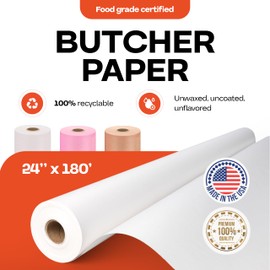 White Butcher Paper 24" x 2160" (180 feet) - Natural Butcher Paper Roll for Meat and Fish - Unwaxed&Food-Grade Butcher Paper for Smoker, Grilling&BBQ - White Butcher Paper Roll by IDL Packaging