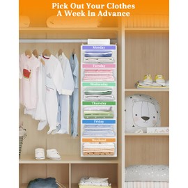 punemi Weekly Clothes Organizer for Kids, 6-Shelf Hanging Closet Storage with Side Pockets, Days of The Week Design, 11.8" x 11.8" x 37.8", Perfect for Organizing a Week's Worth of Kids' Clothing