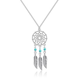 AILUOR Bohemian Dream Catcher Necklace, Feather Turquoise Beads Long Chain Necklace Jewelry for Women Gifts (A)