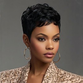 BeiSDWig Black Hair Wig Synthetic Pixie Wigs for Women Wavy Hairstyles Short Haircut Synthetic Hair Wig Short Wigs with Bangs (Black)
