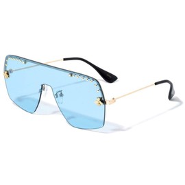 Dweebzilla Fancy Buzz Sting Semi Rimless Luxury Hip Hop One Piece Shield Lens Aviator Sunglasses (Gold & Black Frame, Blue Lens)