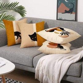 Set of 4 Cat Cushion Cover - Cat Pillows for Cat Lovers Soft Covers Boho 45cm X 45cm Cat Pillow Cases Cat Pillows Decorative Kawaii Pillow Case Cat Cat Throw Pillows for Girls Cat Cushions Covers