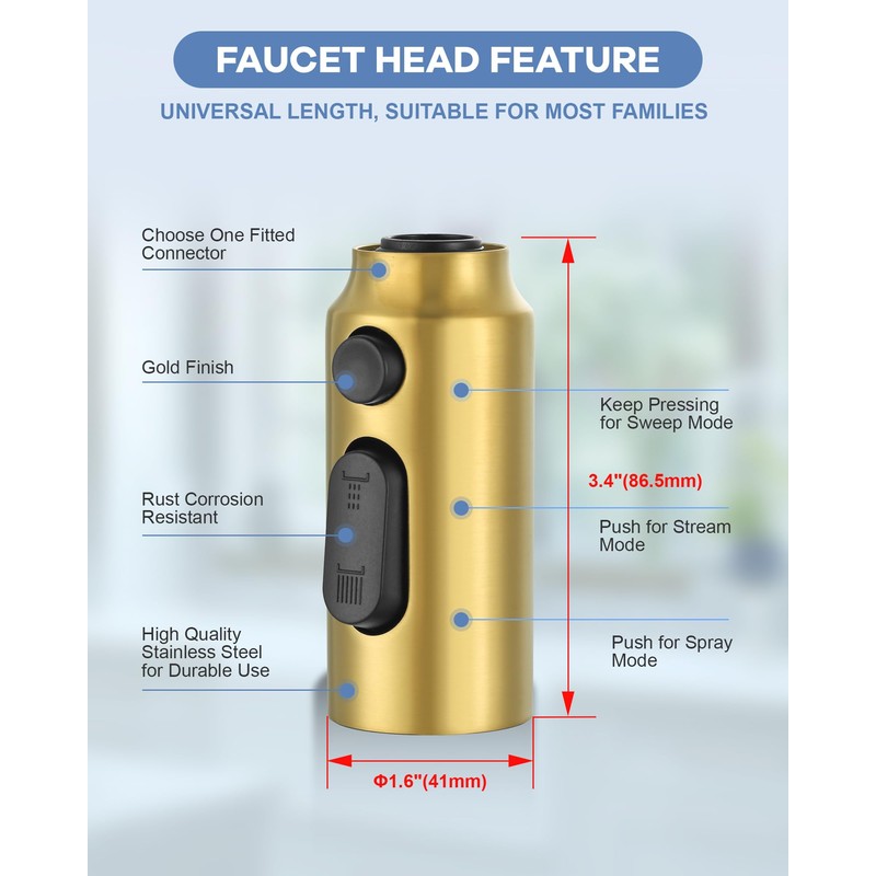 iVIGA Faucet Sprayer Head Replacement: Stainless Steel Gold 3 Function