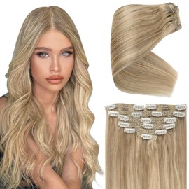 Ve Sunny 24 Inch Clip in Hair Extensions Ash Blonde Highlight Medium Blonde Double Weft Full Head Human Hair Soft Smooth 7 PCs 100 Grams