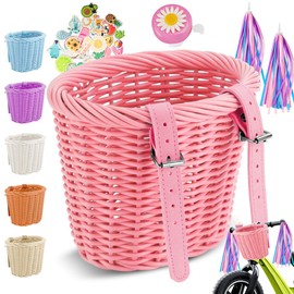 Children's Bicycle Basket, Braided Bicycle Basket, Front Children, Bicycle Basket for Children and Girls, Front, Removable Bicycle Basket, with Bells, Streamers, Bicycle Bell, Sticker (Pink)