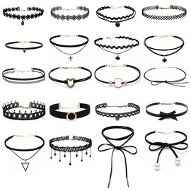 20 Pieces Choker Necklace Set, Velvet Gothic Tattoo Lace Choker, Women's Choker, Black, Suitable for Women and Girls, Adjustable Gothic Tattoo Lace Choker