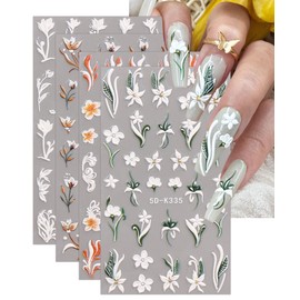 JMEOWIO 3D Embossed Flower Nail Art Stickers Decals Self-Adhesive 5D Spring Summer Flora Nail Supplies Nail Art Design Decoration Accessories 4 Sheets