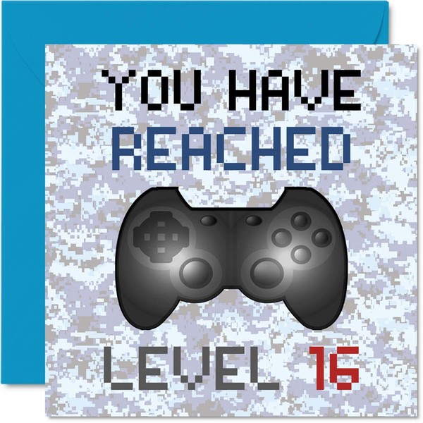 16th Gamer Birthday Card - You Have Reached Level 16 - Boys Birthday Cards, Teenager Teenage Games Birthday Greeting Cards, Video Game Gaming Daughter Son Kids Grandson Granddaughter 145mm x 145mm