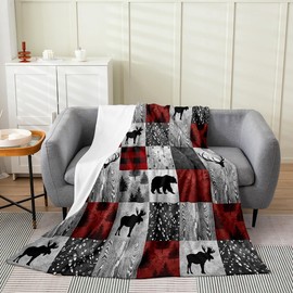 Erosebridal Cabin Lodge Throw Blanket, Twin 60x80, Wooden Wild Animal Fleece Blanket, Vintage Red Gray Patchwork Flannel Bed Blanket