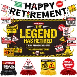 Retirement Party Decorations for Men Women - 15 Pcs Caution Logos Happy Retirement Banners with Hanging Swirls Honeycomb Centerpieces Backdrop Funny Legend Retired Decorations for Coworker Family